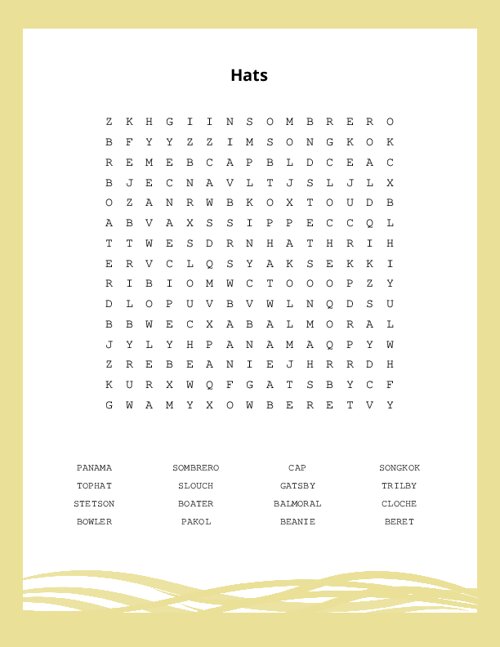 Hats Word Search Puzzle