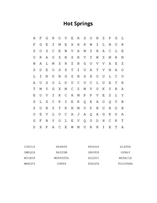 Hot Springs Word Search Puzzle