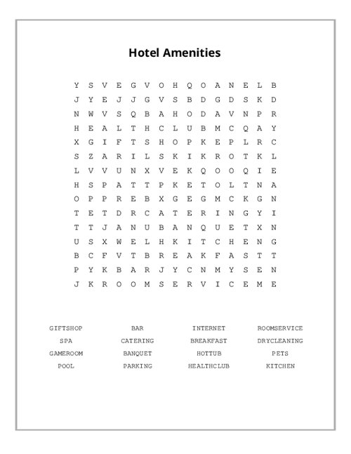 Hotel Amenities Word Search Puzzle