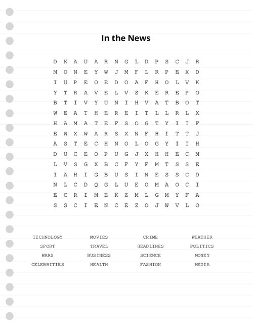 In the News Word Search Puzzle