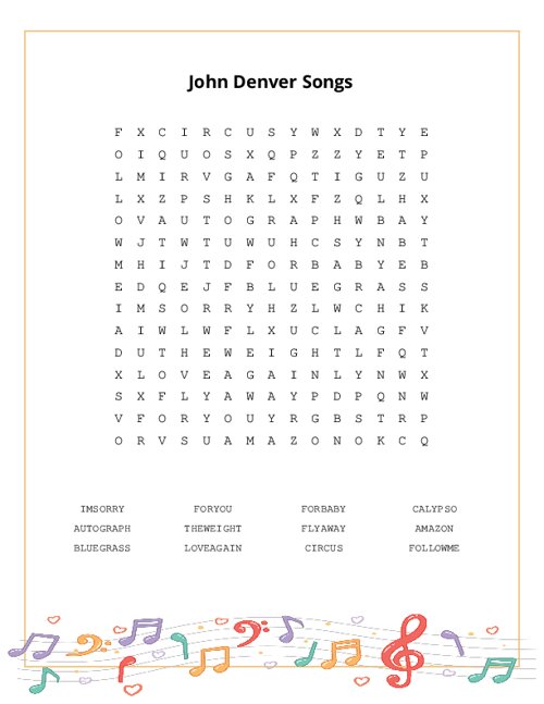 John Denver Songs Word Search Puzzle