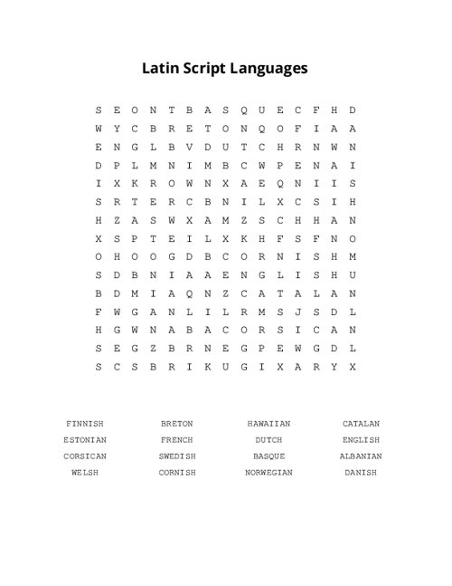 Latin Script Languages Word Search Puzzle