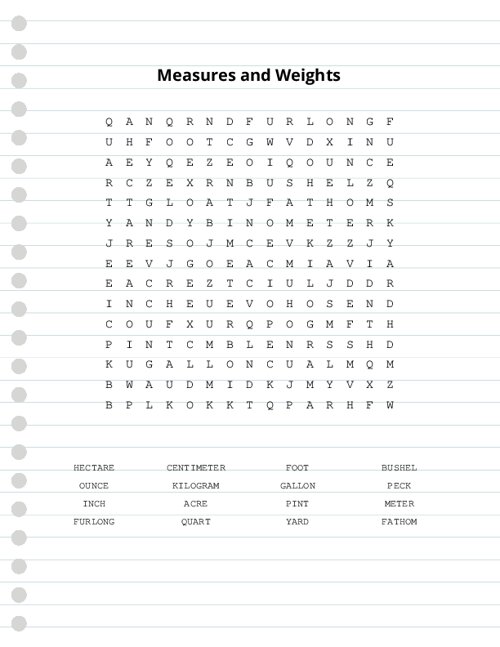 Measures and Weights Word Search Puzzle