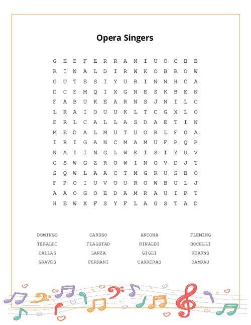 Opera Singers Word Search Puzzle
