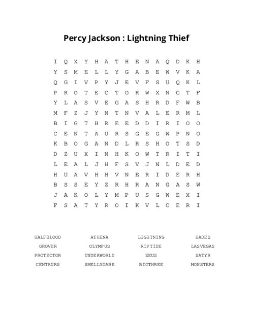 Percy Jackson : Lightning Thief Word Search Puzzle