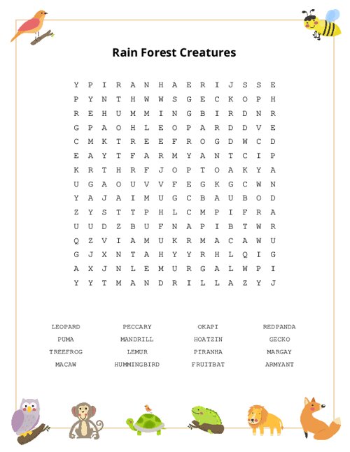 Rain Forest Creatures Word Search Puzzle