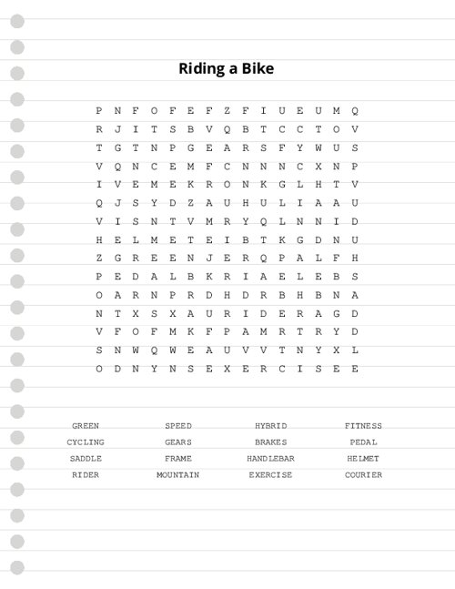 Riding a Bike Word Search Puzzle