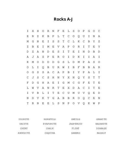 Rocks A-J Word Search Puzzle