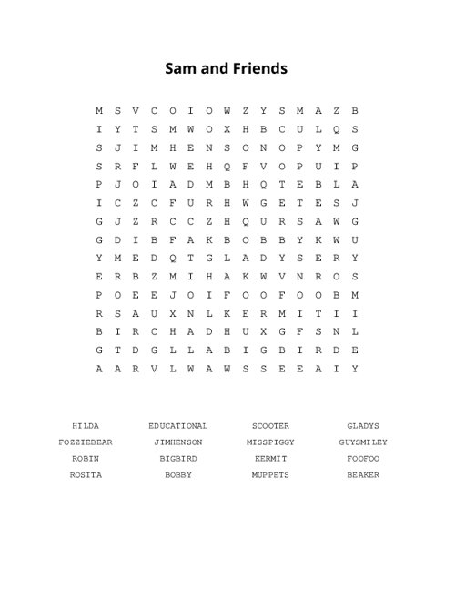 Sam and Friends Word Search Puzzle