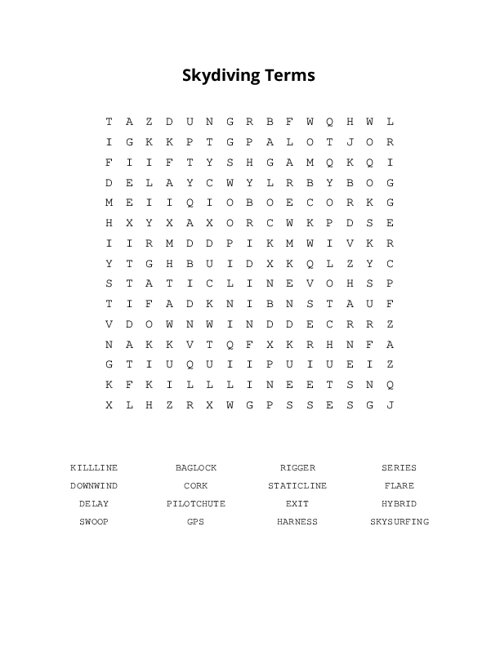 Skydiving Terms Word Search Puzzle