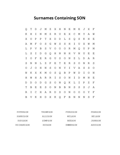 Surnames Containing SON Word Search Puzzle