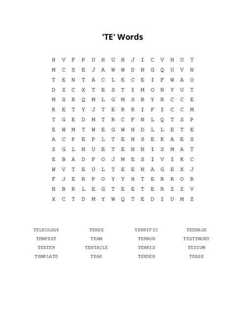 'TE' Words Word Search Puzzle