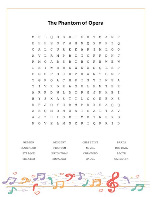 The Phantom of Opera Word Search Puzzle