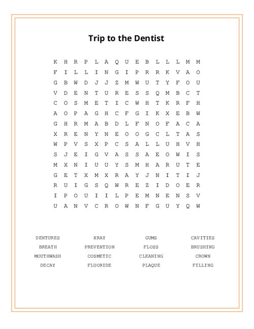 Trip to the Dentist Word Search Puzzle