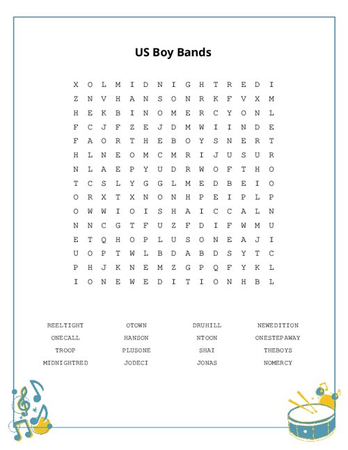 US Boy Bands Word Search Puzzle