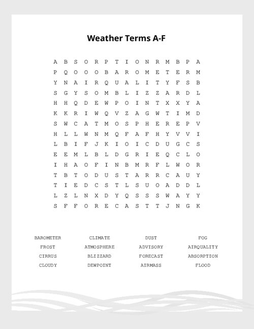 Weather Terms A-F Word Search Puzzle