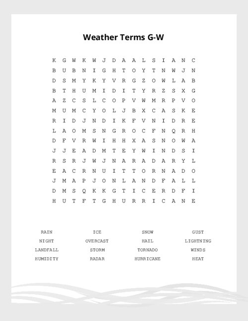 Weather Terms G-W Word Search Puzzle