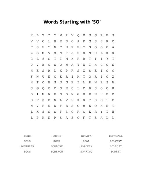 Words Starting with 'SO' Word Search Puzzle