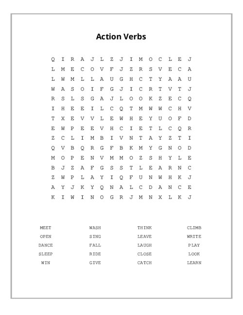 Action Verbs Word Search Puzzle