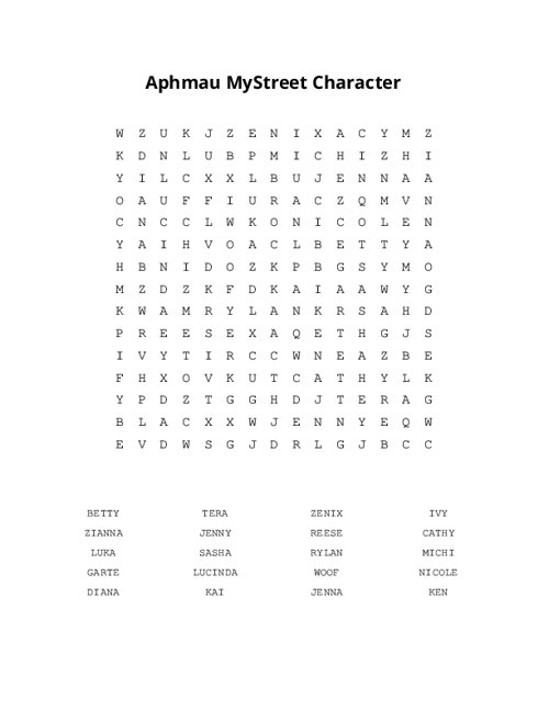 Aphmau MyStreet Character Word Search Puzzle