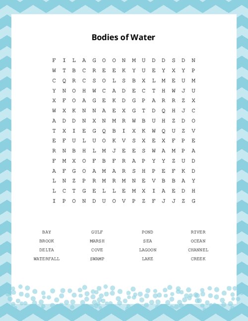 Bodies of Water Word Search Puzzle