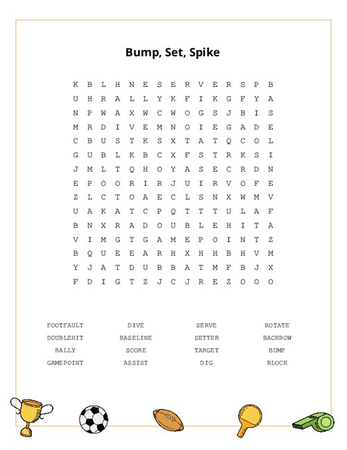 Bump, Set, Spike Word Search Puzzle