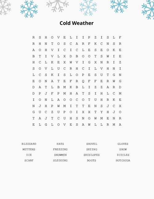 Cold Weather Word Search Puzzle