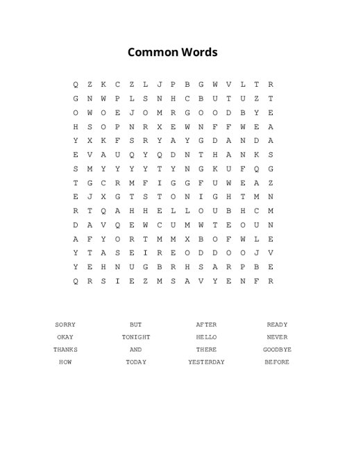 Common Words Word Search Puzzle