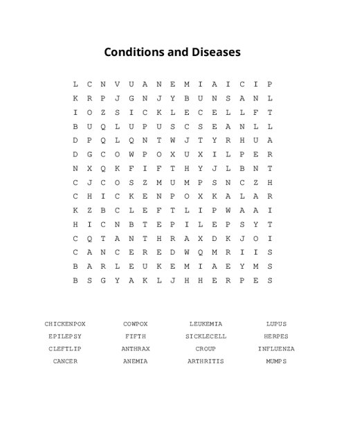 Conditions and Diseases Word Search Puzzle