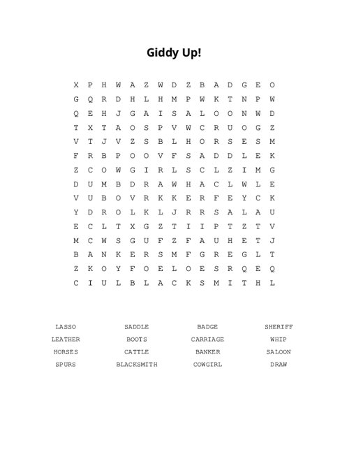 Giddy Up! Word Search Puzzle