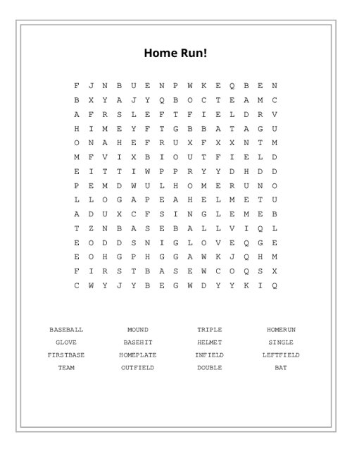 Home Run! Word Search Puzzle