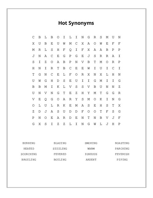 Hot Synonyms Word Search Puzzle