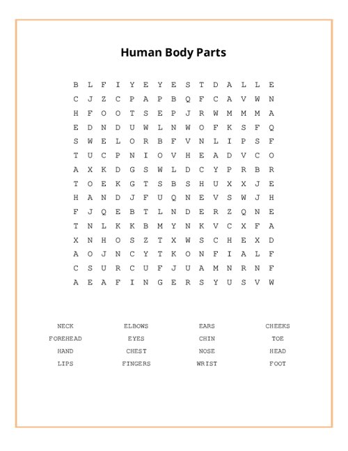 Human Body Parts Word Search Puzzle
