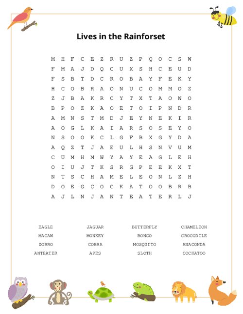 Lives in the Rainforset Word Search Puzzle