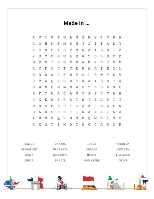Made In ... Word Search Puzzle