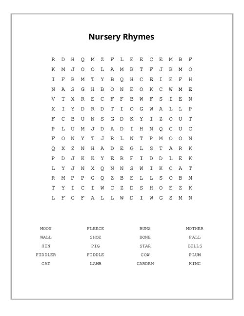 Nursery Rhymes Word Search Puzzle