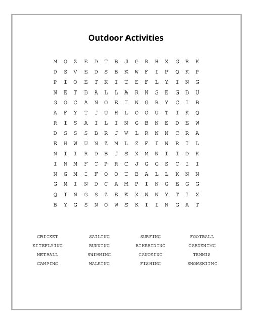 Outdoor Activities Word Search Puzzle
