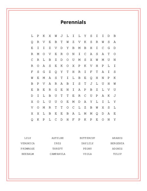 Perennials Word Search Puzzle