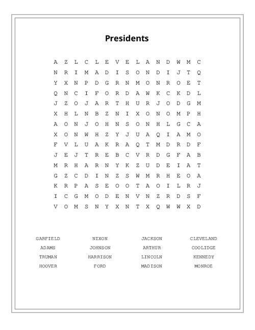 Presidents Word Search Puzzle