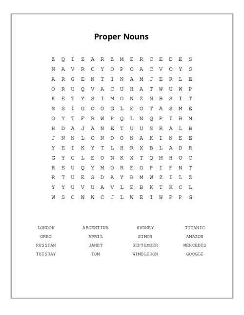 Proper Nouns Word Search