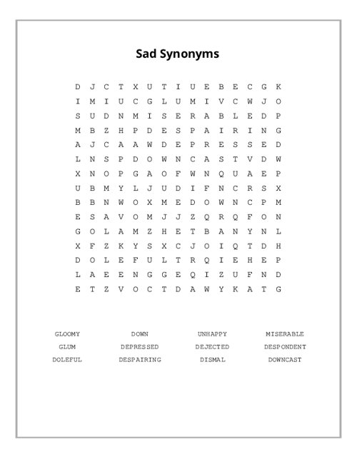 Sad Synonyms Word Search Puzzle
