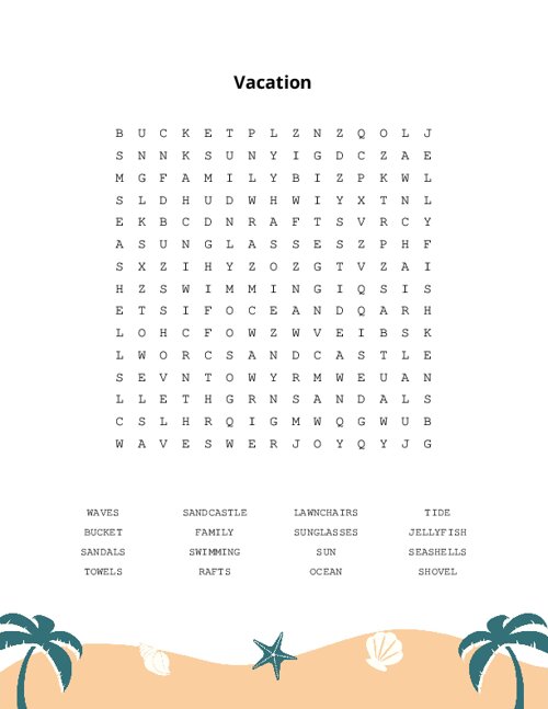 Vacation Word Search Puzzle