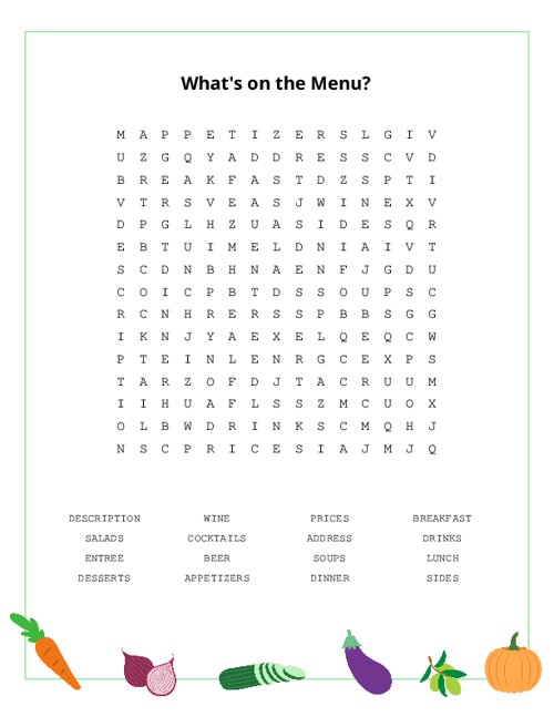 What's on the Menu? Word Search Puzzle