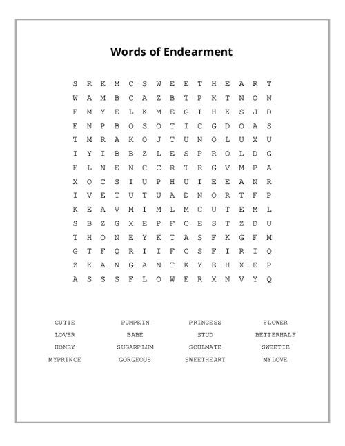 Words of Endearment Word Search Puzzle