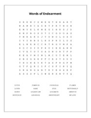 Words of Endearment Word Search Puzzle