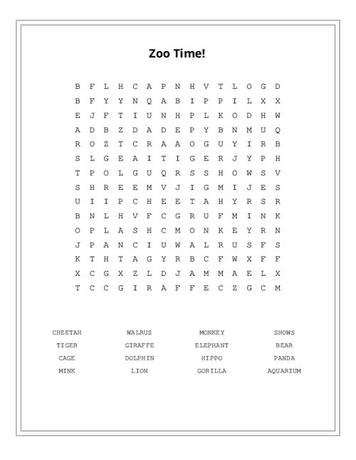 Zoo Time! Word Search Puzzle