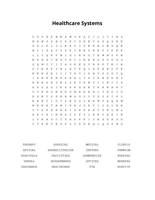 Healthcare Systems Word Search Puzzle