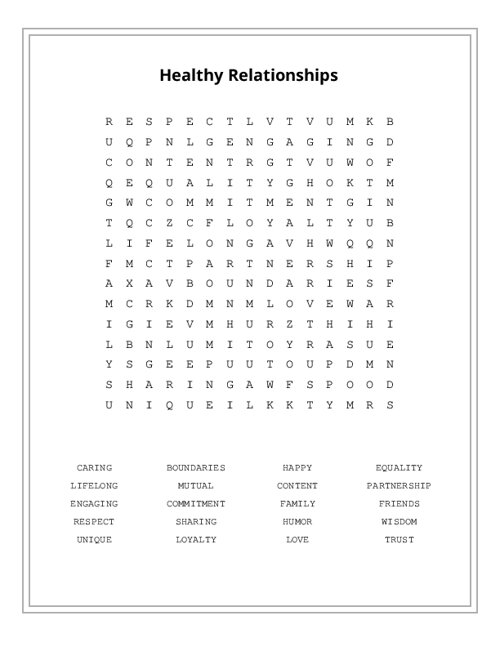 Healthy Relationships Word Search Puzzle