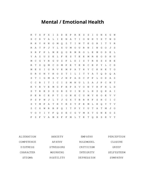 Mental Emotional Health Word Search