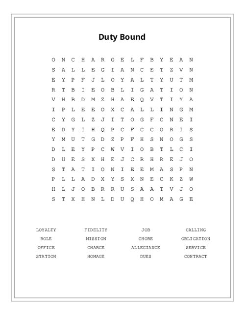 Duty Bound Word Search Puzzle